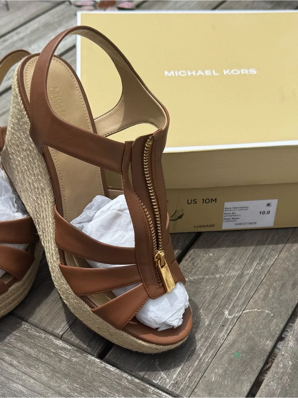 Michael Kors Luggage Brown Leather Espadrille Wedge Sandals with Gold Zip